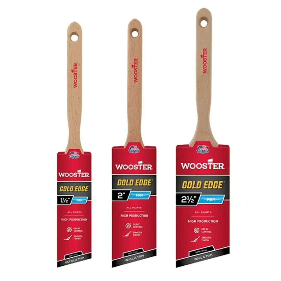 Set de 3 pinceaux Wooster Gold Edge 38, 50 et 63 mm – Pinceaux biseautés semi-ovaux pour rechampissage et finitions professionnelles